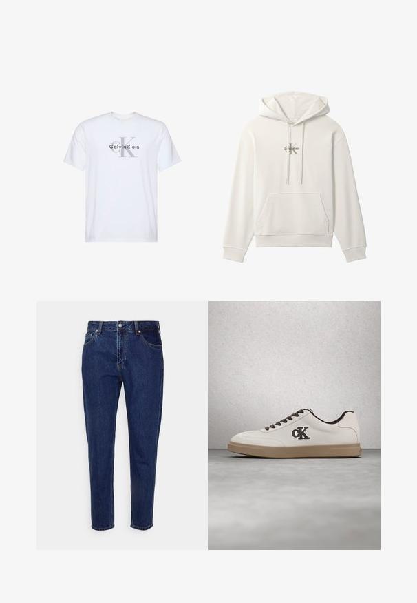 Biela mikina s kapucňou, predným vreckom a šnúrkami, so malým logom Calvin Klein v strede hrudníka.; Biele tričko s krátkym rukávom so sivým logom "ck" a čiernym textom "Calvin Klein" potlačeným na prednom strede.; Tmavomodré rifľové nohavice rovného strihu s predným zapínaním na gombík a zips, s pútkami na opasok a prednými aj zadnými vreckami.; Biela teniska s hnedými akcentmi, z materiálu semišu, s plochými šnúrkami a gumovou podrážkou. Na boku je logo a hladká textúra.