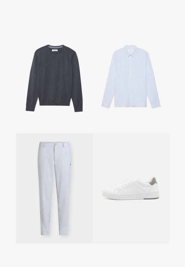 Pull en tricot gris avec un col rond, des manches longues et des poignets côtelés. Présente une texture subtile et une étiquette au niveau du col.; Chemise à manches longues à rayures bleu clair. Elle possède un col traditionnel, des boutons blancs et un tissu en mélange de coton lisse.; Pantalon bleu clair en tissu texturé, présentant une coupe droite, une fermeture à boutons et un petit motif brodé sur le côté.; Basket blanche en cuir lisse, à bout arrondi, design minimaliste, accent de talon gris et semelle en caoutchouc texturé.