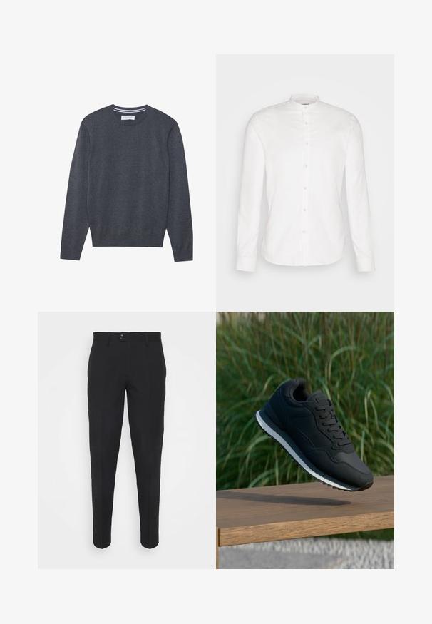 Pull en tricot gris avec un col rond, des manches longues et des poignets côtelés. Présente une texture subtile et une étiquette au niveau du col.; Chemise blanche à manches longues avec col mandarin et patte de boutonnage à l'avant. Fabriquée en coton, elle présente une texture lisse et des fermetures à bouton.; Pantalons noirs au design ajusté, coupe slim et fermeture à boutons. Texture lisse avec une finition nette et sans motifs ni accents visibles.; Chaussure de sport noire avec une tige texturée, un laçage et une semelle intermédiaire blanche contrastante ; présentée en l'air au-dessus d'une surface en bois.