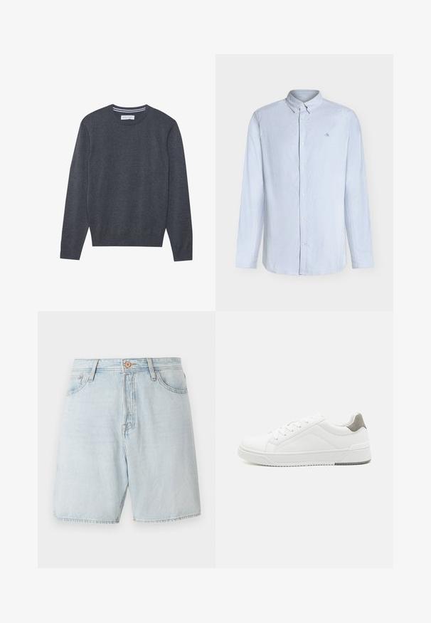 Pull en tricot gris avec un col rond, des manches longues et des poignets côtelés. Présente une texture subtile et une étiquette au niveau du col.; Chemise à manches longues à rayures bleu clair et blanc, à boutons, avec col boutonné et petit logo brodé sur la poitrine.; Shorts en denim bleu clair à taille haute, avec un design à cinq poches et des coutures contrastées. Dotés d'une fermeture classique à bouton et à zip.; Basket blanche en cuir lisse, à bout arrondi, design minimaliste, accent de talon gris et semelle en caoutchouc texturé.