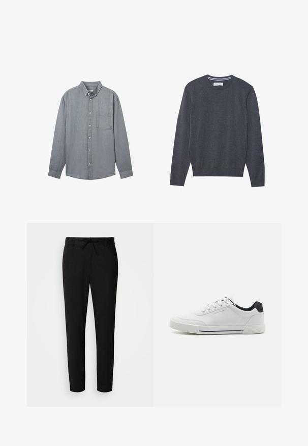 Grå strikket sweater med rund hals, lange ærmer og ribbede manchetter. Har en subtil tekstur og et mærke ved halsudskæringen.; Grå skjorte med knapper foran, lange ærmer, krave, en enkelt brystlomme og et struktureret stof. Fastgjort med synlige knapper ned foran.; Sorte bukser lavet af et blødt stof, med snoretræk i taljen, slank pasform og konisk ben. Ingen bemærkelsesværdige mønstre eller detaljer.; Hvide sneakers med en glat syntetisk overdel, rund tå, snørebåndsdesign, marineblå accent på hælen og en tekstureret gummisål med en sort stribe.