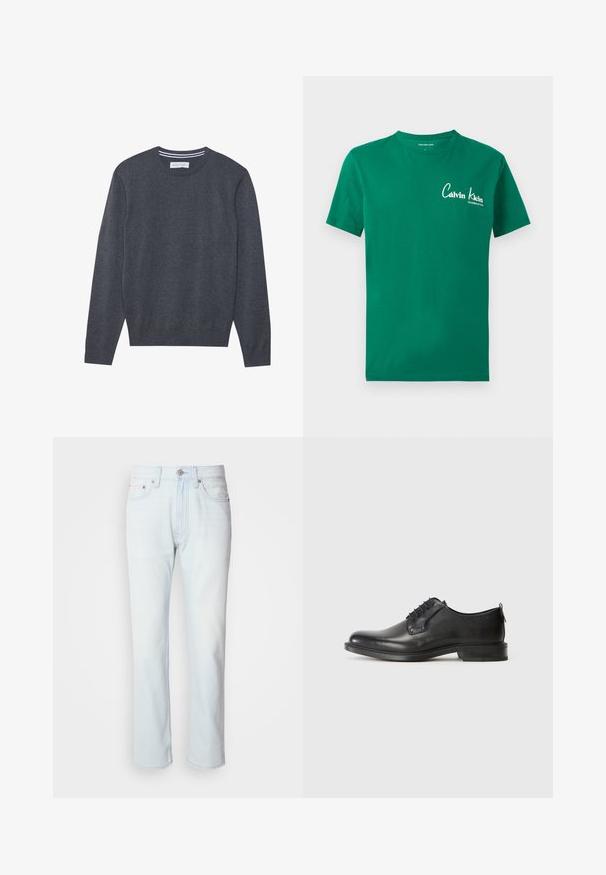 Suéter de punto gris con cuello redondo, mangas largas y puños acanalados. Presenta una textura sutil y una etiqueta en el cuello.; Camiseta verde de manga corta con cuello redondo y logo blanco de Calvin Klein junto con el texto "Established 1946" en el lado izquierdo del pecho.; Jeans de mezclilla azul claro con corte recto. Cuentan con un cierre de botón y pasadores para cinturón, mostrando una textura desgastada y costuras mínimas.; Zapato de vestir para hombre de cuero negro con cordones, tacón bajo y acabado suave, mostrado en perfil lateral sobre un fondo claro y liso.