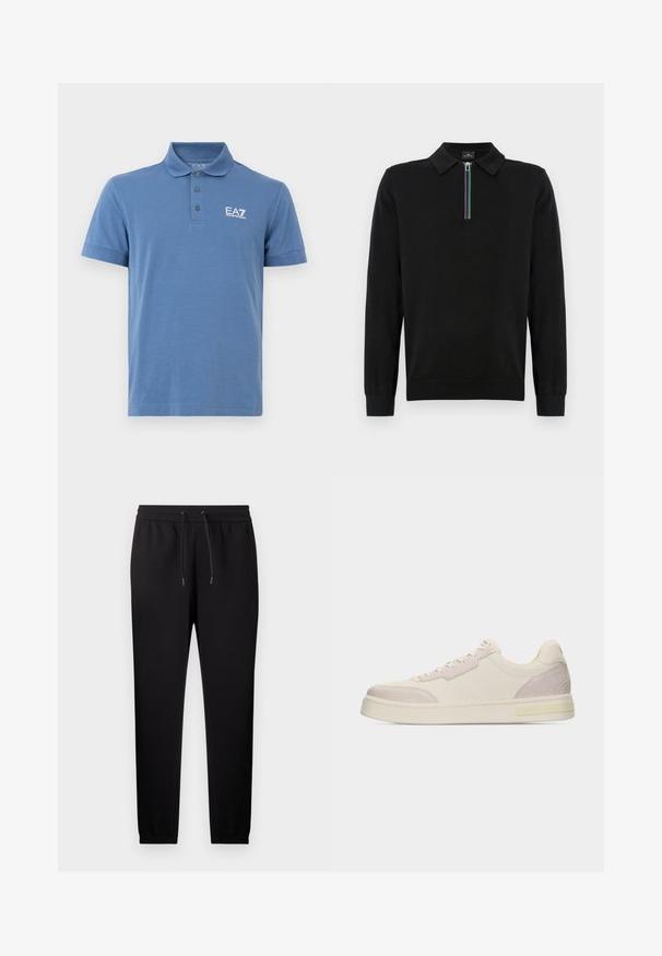 Polo à manches longues noir avec col, doté d'une fermeture éclair quart de longueur à l'avant et d'un détail coloré sur la fermeture éclair. Tissu à texture lisse.; Polo bleu à manches courtes avec trois boutons et logo EA7 Emporio Armani blanc sur la poitrine gauche.; Pantalon de survêtement noir fuselé avec taille élastique et cordon de serrage, doté de chevilles resserrées et de poches latérales.; Baskets basses beiges avec accents en daim sur le bout et le talon, fermeture à lacets, et semelle plate en caoutchouc sur fond blanc uni.