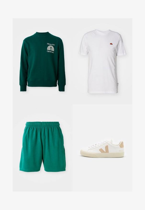Sudadera verde con cuello alto, puños acanalados y un diseño de logo que muestra "Ellesse 1959" y "Club di Corsa" en el frente.; Camiseta sencilla blanca de manga corta con un pequeño logo semicircular rojo y naranja en la parte superior izquierda del pecho.; Bermudas de algodón verdes con cintura elástica, bolsillos laterales y dobladillo cosido. Textura suave con un ajuste relajado y casual.; Zapatillas blancas con acentos beige, material de cuero liso, punta redonda, suela de goma plana y cordones en la parte delantera con un logotipo en el talón.
