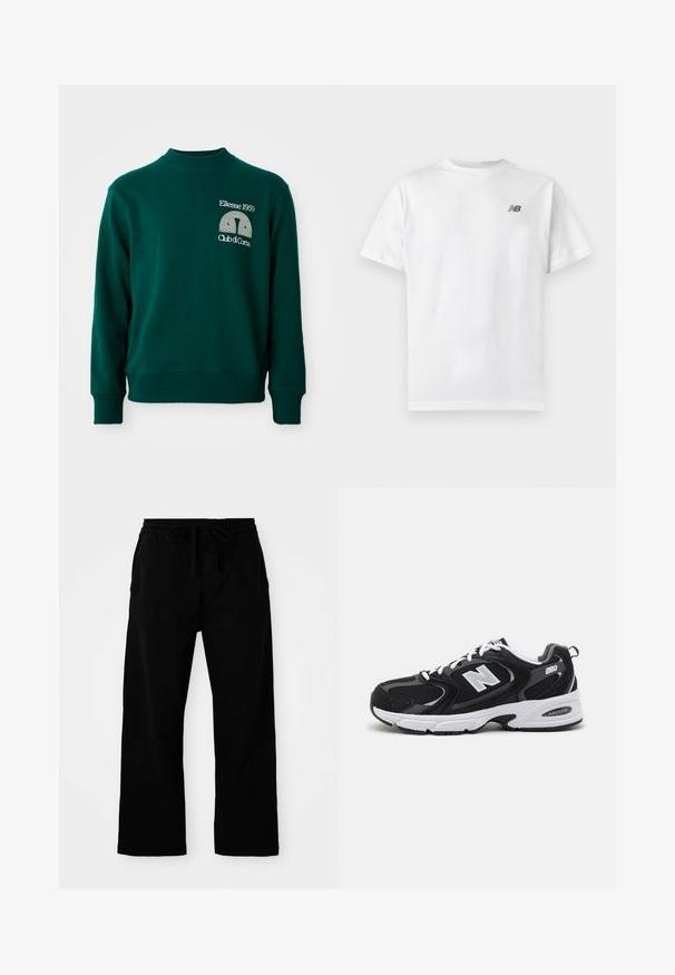 Grøn sweatshirt med høj hals, ribstrikkede ærmekanter og et logodesign med "Ellesse 1959" og "Club di Corsa" på forsiden.; Hvid t-shirt med korte ærmer og rund halsudskæring med et lille sort New Balance-logo på øverste venstre bryst på en ensartet lys baggrund.; Sorte bukser med elastisk talje og justerbar snor, brede ben og en glat bomulds struktur. Ingen synlige mønstre eller hardware detaljer.; Sorte og grå sportssko med mesh og ruskind på overdelen, der har en hvid mellemsål, snørebånd og et iøjnefaldende "N" logo på siden.