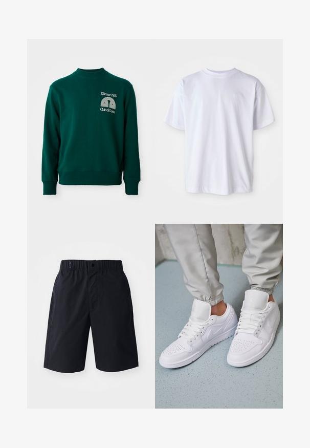 Groene trui met een hoge hals, geribbelde manchetten en een logo met de tekst "Ellesse 1959" en "Club di Corsa" aan de voorkant.; Witte katoenen t-shirt met een ronde hals en korte mouwen. Heeft een subtiele logo geborduurd in bijpassende kleur op de linkerborst.; Zwarte shorts van lichtgewicht stof, met een rechte voorkant, een elastische tailleband en zijzakken. Eenvoudig ontwerp zonder patronen.; Witte leren sneakers met een geperforeerde neus, platte veters, een gepolsterde kraag en het Jordan-logo op de tong. Gediend met grijze joggers.