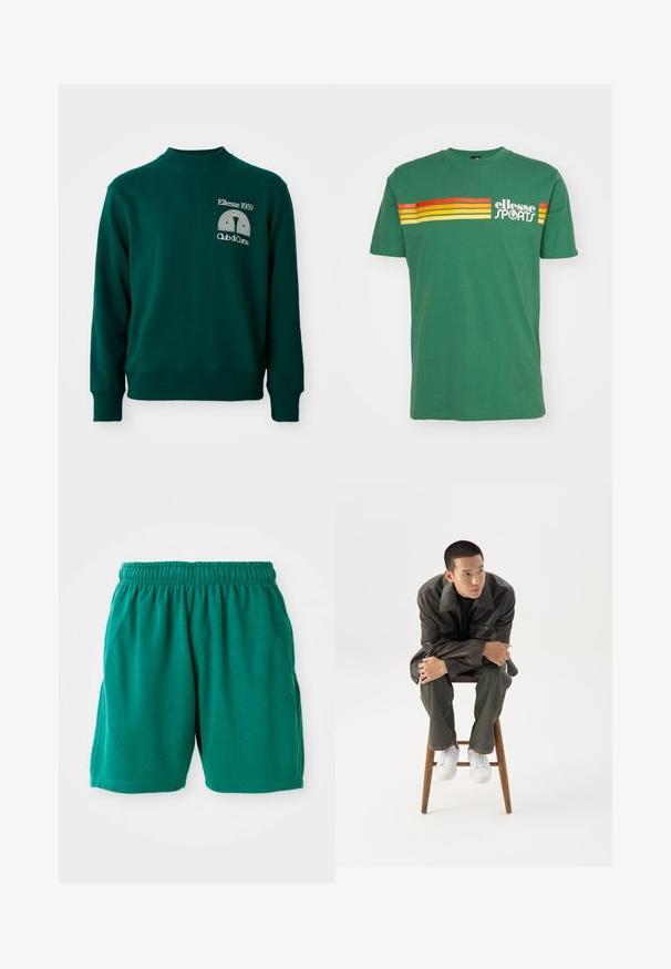 Sweat-shirt vert avec un col montant, des poignets côtelés, et un design de logo affichant "Ellesse 1959" et "Club di Corsa" sur le devant.; T-shirt en coton vert à manches courtes, avec des rayures horizontales rouges, jaunes et oranges et le logo "ellesse SPORTS" sur le devant.; Shorts en coton verts avec une taille élastique, des poches latérales et un ourlet cousu. Texture lisse avec une coupe décontractée et confortable.; Jeune homme en veste en cuir foncée et jean, assis sur un tabouret en bois, penché en avant, les bras croisés, regardant sur le côté sur fond blanc.