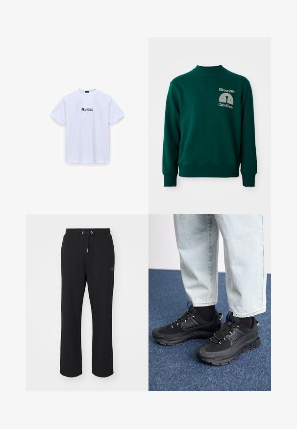 Grüner Pullover mit hohem Kragen, gerippten Bündchen und einem Logodesign mit der Aufschrift "Ellesse 1959" und "Club di Corsa" auf der Vorderseite.; Weißes Baumwoll-T-Shirt mit kurzen Ärmeln und rundem Halsausschnitt, auf der Vorderseite mit schwarzem stilisiertem Text "Wonderful". Glatte Textur, normale Passform.; Ellesse MACCHIE - Jogginghose - black; Schwarze Sportschuhe aus strukturiertem Stoff mit Gummisohlen, ausgestattet mit elastischen Schnürsenkeln und einem blauen Akzent an der Ferse. Getragen mit hellen Jeans.