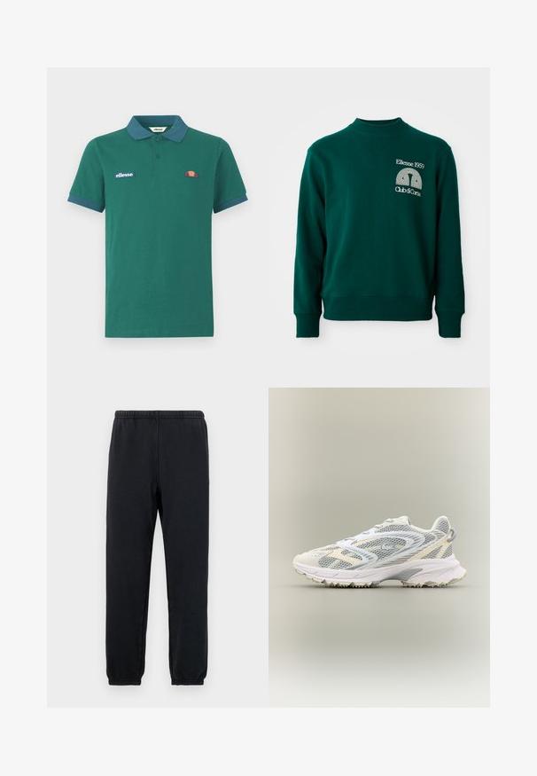 Sweat-shirt vert avec un col montant, des poignets côtelés, et un design de logo affichant "Ellesse 1959" et "Club di Corsa" sur le devant.; Chemise polo verte en coton avec un col et des poignets bleus contrastants. Elle arbore un logo brodé et un petit design coloré sur la poitrine.; Pantalons de survêtement noirs avec une taille élastique et des chevilles ajustées ; fabriqués en tissu doux et extensible, avec un design minimaliste sans motifs.; Chaussure de sport blanche avec des panneaux en mesh gris, des superpositions texturées, un col rembourré et une semelle en caoutchouc dotée de petites pointes de traction.