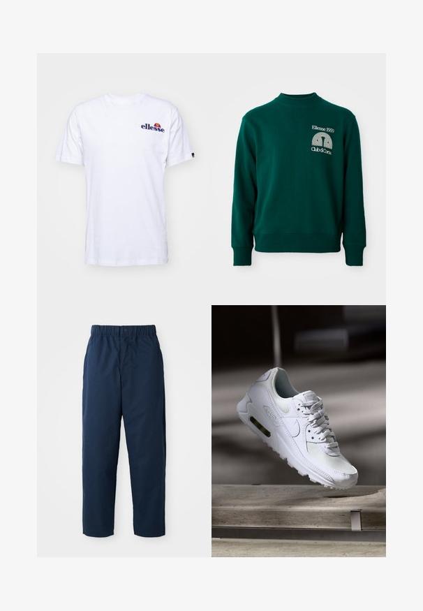 Grüner Pullover mit hohem Kragen, gerippten Bündchen und einem Logodesign mit der Aufschrift "Ellesse 1959" und "Club di Corsa" auf der Vorderseite.; Weißes Baumwoll-T-Shirt mit kurzen Ärmeln, das ein marineblaues gesticktes Logo auf der linken Brust und einen lebhaften Farbakzent über dem Logo präsentiert.; Marineblaue Hose aus glattem Stoff mit elastischem Bund und Knopf, geraden Beinen und ohne sichtbare Muster oder Hardware.; Weiße Nike Air Max 90 Sneaker mit einem Obermaterial aus Mesh und Leder, durchlässigem Zehenbereich und einer sichtbaren Air-Einheit in der Ferse.