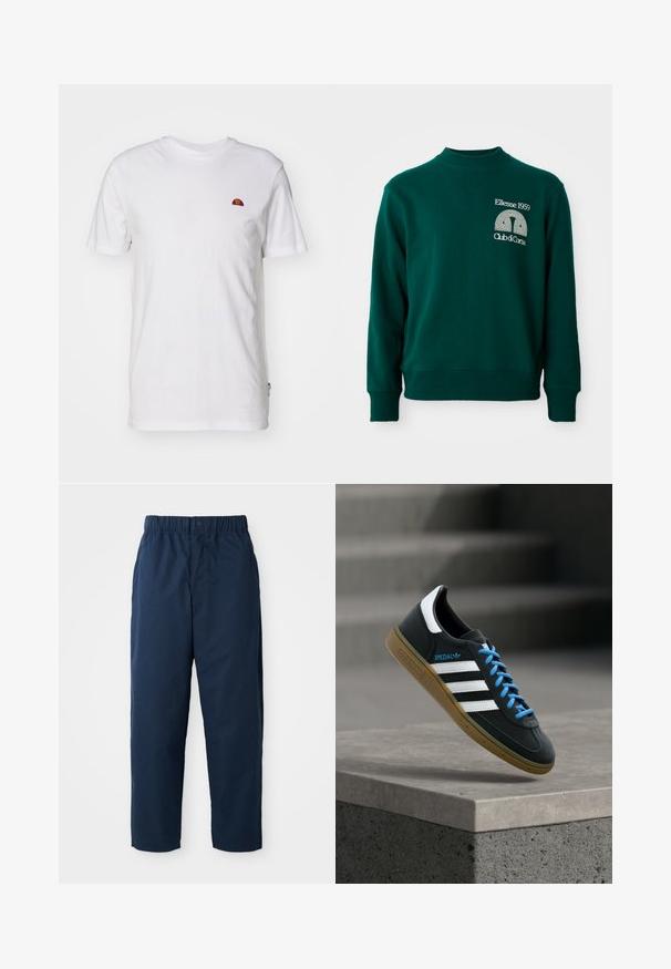 Sweat-shirt vert avec un col montant, des poignets côtelés, et un design de logo affichant "Ellesse 1959" et "Club di Corsa" sur le devant.; T-shirt blanc uni à manches courtes avec un petit logo en demi-cercle rouge et orange sur la partie supérieure gauche de la poitrine.; Pantalons bleu marine en tissu lisse, avec une taille élastique dotée d'un bouton, des jambes droites et sans motifs ni éléments apparents.; Baskets Adidas noires avec des rayures blanches, des lacets bleus et une semelle en gomme flottant au-dessus d'une marche en béton grise sous une lumière douce.