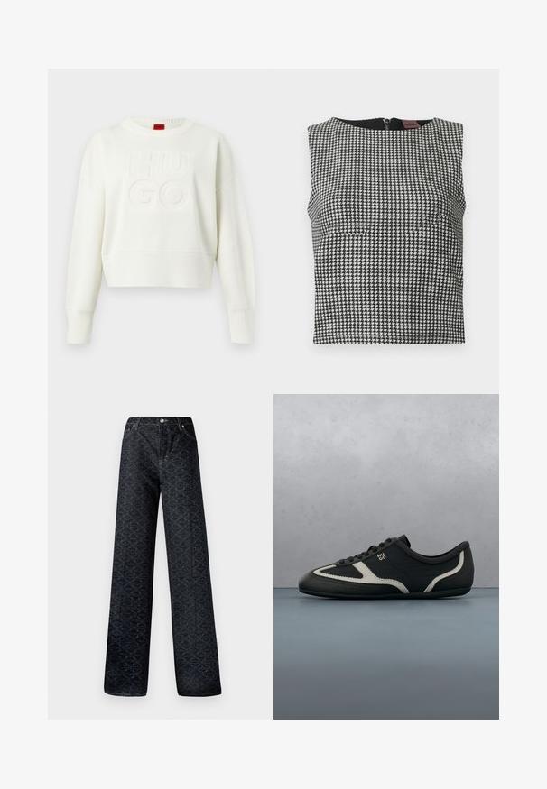 Weißer, gestrickter Pullover mit langen Ärmeln, gerippten Bündchen und Saum, versehen mit erhabenem "HUGO"-Text auf der Vorderseite und einem roten Etikett am Halsausschnitt.; Schwarz-weißer Hahnentrittmuster ärmelloser Top mit Rundhalsausschnitt und einem Reißverschluss auf der Rückseite. Hergestellt aus einem strukturierten Stoff.; Dunkelblaue, weite Jeans mit geometrischem Muster, aus Denim gefertigt. Mit Metallknopf, Reißverschluss und Kettelung der vorderen Taschen.; Schwarzer Sneaker mit strukturiertem Lederobermaterial, kontrastierenden grauen Akzenten, runder Spitze und flacher Sohle. Verfügt über Schnürsenkel und Markenlogo an der Seite.