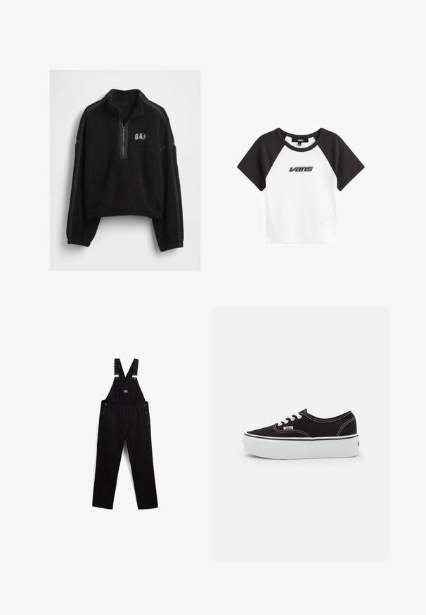 Sort fleece pullover med halv lynlås, kontrasterende stofsider og et lille "GAP" logo på brystet. Blød tekstur, afslappet pasform.; Hvid T-shirt med sorte raglanærmer og et sort Vans-logo trykt på fronten. Den har en rund halsudskæring og et kort design.; Sorte denim overalls med justerbare stropper, metalhardware, forlommer og sidelommer. Glat tekstur og lige ben-design.; Sort lærred sneakers med en hvid gummi platform sål, der har hvide snørebånd og syninger, ikonisk branding på siden, lav-top design.