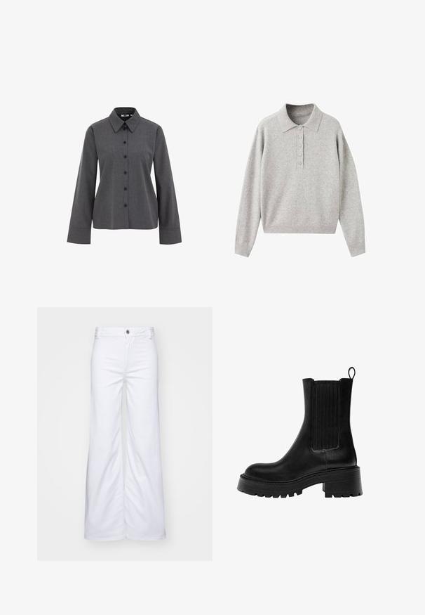 Grijze kasjmier polo trui met een kraag, knoopsluiting en geribbelde boorden en zoom. Zachte textuur, ontspannen pasvorm.; WE Fashion Overhemdblouse - grey; Witte wijde denimbroek met een knoopsluiting en riemlussen. Helaas hebben ze een gladde textuur met nette stiksels en geen patronen.; Zwarte leren enkelboot met een stevige zool, gestructureerde zijpanelen en een trekband. Beschikt over een gladde afwerking en een ronde neus.