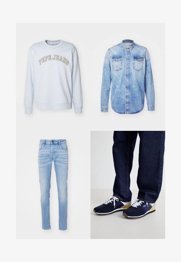 Lysblå sweatshirt lavet af en bomuldsblanding. Har ribbestrikkede manchetter og kant, med "PEPE JEANS" trykt i et buet design henover brystet.; Lysblå denimskjorte med lange ærmer, knap-ned krave, to brystlommer og kontrastsyetning. Rundet kant og klassisk pasform.; Lysblå denim jeans med slim fit, der har et fem-lomme design, bæltestropper og en knaplukning. Stoffet har en blød tekstur.; Marineblå sneakers med hvide snørebånd, grå detaljer, gul detalje på sålen og en glat tekstiloverdel, sat mod mørke denimbukser.