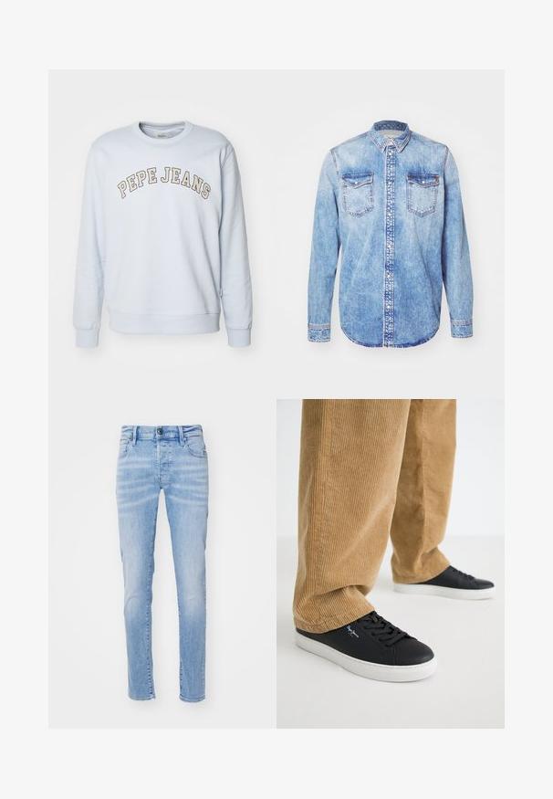 Helles Blaues Sweatshirt aus Baumwollmischung. Mit gerippten Bündchen und Saum, mit dem Aufdruck "PEPE JEANS" in einem geschwungenen Design über der Brust.; Hellblaues Denimhemd mit langen Ärmeln, Button-Down-Kragen, zwei Brusttaschen und kontrastierenden Nähten. Abgerundeter Saum und klassische Passform.; Helle blaue Denim-Jeans mit schlankem Schnitt, ausgestattet mit einem Fünf-Taschen-Design, Gürtelschlaufen und einem Knopfverschluss. Der Stoff hat eine weiche Textur.; Schwarze Ledersneaker mit weißen Gummisohlen. Getragen mit beigen Cordhosen, die vertikale Rippungen und eine lockere Passform aufweisen.