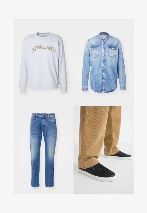 Helles Blaues Sweatshirt aus Baumwollmischung. Mit gerippten Bündchen und Saum, mit dem Aufdruck "PEPE JEANS" in einem geschwungenen Design über der Brust.; Hellblaues Denimhemd mit langen Ärmeln, Button-Down-Kragen, zwei Brusttaschen und kontrastierenden Nähten. Abgerundeter Saum und klassische Passform.; Hellblaue Jeans aus Denim mit geradem Bein, fünf Taschen, dezentem Verblassen und einem normalen Bund mit Knopfverschluss.; Schwarze Ledersneaker mit weißen Gummisohlen. Getragen mit beigen Cordhosen, die vertikale Rippungen und eine lockere Passform aufweisen.
