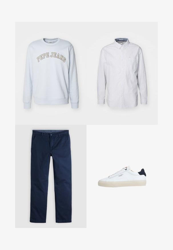 Sweat-shirt bleu ciel en mélange de coton. Présente des poignets et un ourlet côtelés, avec "PEPE JEANS" imprimé dans un design courbé sur la poitrine.; Chemise à manches longues à boutons de couleur bleu clair avec des rayures blanches. Elle dispose d'un col, d'une poche poitrine et est en coton lisse.; Pantalon décontracté pour homme, coupe droite, bleu foncé, avec passants pour ceinture et poches latérales avant, présenté à plat sur un fond neutre.; Baskets basses blanches avec semelle beige, lacets blancs, languette de talon noire et logo "Pepe Jeans London" sur le côté.