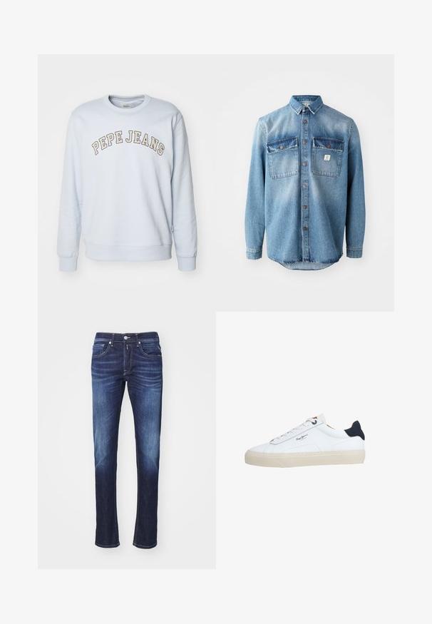 Lysblå sweatshirt lavet af en bomuldsblanding. Har ribbestrikkede manchetter og kant, med "PEPE JEANS" trykt i et buet design henover brystet.; Lyseblå denimskjorte med lange ærmer, to brystlommer, knaplukning foran og kontrasterende mørkere lommer. Har en rund spænding.; Mørkeblå denimjeans med lige ben, der har fem lommer, knaplukning og diskret blegeteffekt langs lårene.; Hvid lavtop-sneaker med beige sål, hvide snørebånd, sort hælkappe og "Pepe Jeans London"-logo på siden.