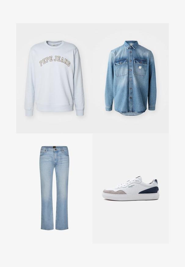 Helles Blaues Sweatshirt aus Baumwollmischung. Mit gerippten Bündchen und Saum, mit dem Aufdruck "PEPE JEANS" in einem geschwungenen Design über der Brust.; Hellblaues Jeanshemd mit langen Ärmeln, zwei Brusttaschen, durchgehender Knopfleiste und kontrastierenden, dunkleren Taschenoberteilen. verfügt über einen abgerundeten Saum.; Hellblaue Jeans mit geradem Bein, Fronttaschen, Gürtelschlaufen, Reißverschluss und einem gebrandeten Knopfverschluss an der Taille.; Weißer Low-Top-Sneaker mit grauer Wildlederfront, marineblauem Wildlederabsatz, weißen Schnürsenkeln und "Pepe Jeans"-Logo an der Seite.