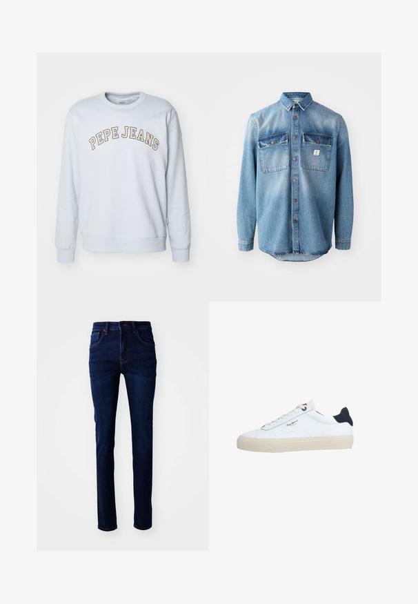 Vaaleansininen puuvillasekoitteinen collegepaita. Varustettu resoreilla hihansuissa ja helmassa, ja rinnassa on kaarimaisesti painettu "PEPE JEANS".; Vaaleansininen farkkupaita, jossa on pitkät hihat, kaksi rintataskua, nappisuljenta etuosa ja tummemmat taskujen yläosat kontrastina. Sisältää pyöristetyn helman.; Tumman siniset farkut, joissa on suora leikkaus, viisi taskua ja huomaamaton tikkaus. Kangas on sileä tekstuuri.; Valkoinen matalakärkinen lenkkari, jossa on beige pohja, valkoiset nauhat, musta kantapään lenkki ja "Pepe Jeans London" -logo sivussa.