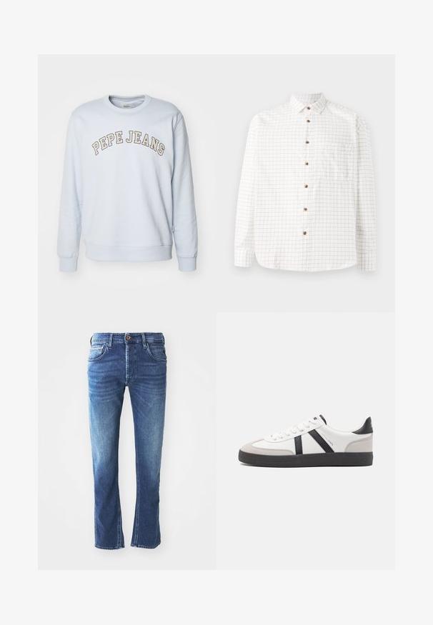 Lysblå sweatshirt lavet af en bomuldsblanding. Har ribbestrikkede manchetter og kant, med "PEPE JEANS" trykt i et buet design henover brystet.; Hvid skjorte med knaplukning og rutenet i marineblå, med en brystlomme, rund søm og træknapper. Letvægtsstof.; Mørkeblå denim jeans med lige ben-design, der har fem lommer, en brun knaplukning og diskret lys udtoning ved lårene.; Hvide sneakers med sorte og grå detaljer, med en tekstureret grå tåhætte, sort gummisål og flade hvide snørebånd. Rent design, minimalistisk stil.