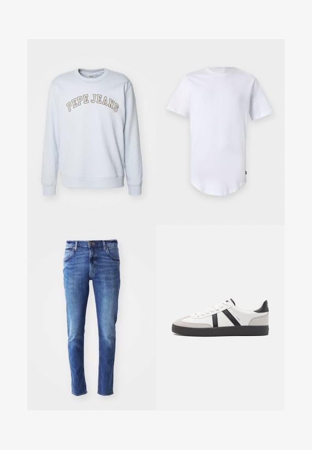 Svetlomodrá mikina vyrobená z bavlneného zmesi. Má rebrované manžety a spodný lem, s potlačou "PEPE JEANS" v zakrivenom dizajne na hrudi.; Biela tričko s krátkym rukávom vyrobené z bavlny. Dizajn s okrúhlym výstrihom a zakriveným spodným lemom. Štítok viditeľný na dolnej ľavej strane. Hladká textúra.; Modré džíny z denimu so slim fit strihom, dizajnom s piatimi vreckami a jemným vyblednutím. Obsahujú značkový gombík a zapínanie na zips.; Biele tenisky s čiernymi a šedými akcentmi, s textúrovanou šedou špičkou, čiernou gumovou podrážkou a plochými bielymi šnúrkami. Čistý dizajn, minimalistický štýl.