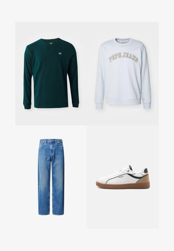 Sweat-shirt bleu ciel en mélange de coton. Présente des poignets et un ourlet côtelés, avec "PEPE JEANS" imprimé dans un design courbé sur la poitrine.; T-shirt à manches longues en coton vert foncé avec un col rond et un petit logo blanc sur la poitrine gauche. Texture lisse, coupe décontractée.; Jean en denim bleu clair avec une taille haute, coupe large et coutures en yoke angulaires. Dispose de cinq poches et d'une fermeture à bouton.; Baskets basses blanches avec semelle marron, accents verts et beige, lacets blancs, et logo "Pepe Jeans London" sur le côté.