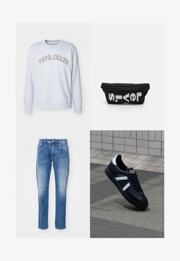 Helles Blaues Sweatshirt aus Baumwollmischung. Mit gerippten Bündchen und Saum, mit dem Aufdruck "PEPE JEANS" in einem geschwungenen Design über der Brust.; Hellblaue Jeans aus Denim mit geradem Bein, fünf Taschen, dezentem Verblassen und einem normalen Bund mit Knopfverschluss.; Schwarze Leder-Sneaker mit weißen Streifen, strukturiertem Gummisohle und Schnürung. Verfügt über ein Markenetikett auf der Zunge.; Schwarze Stofftasche mit flacher Form, mit fettgedrucktem weißen Text. Der Reißverschluss befindet sich oben, mit einer Schlaufe an einer Seite.