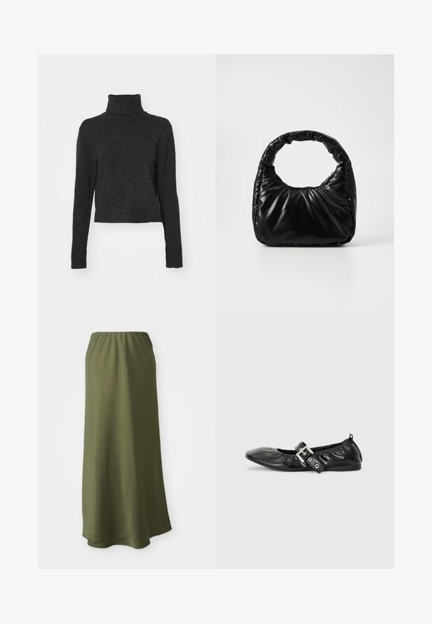 Pull ras du cou noir à manches longues, en tissu doux et texturé, avec des accents côtelés au col et à l'ourlet.; Jupe longue olive en tissu doux avec taille élastique ; texture lisse et design simple et fluide.; Chaussure plate en cuir noir avec un nez pointu, des détails froncés autour de l'ouverture et un accent en boucle argentée sur la bride ajustable.; Sac à main noir rembourré avec une poignée arrondie, présentant une surface lisse et brillante ainsi qu'une texture douce et matelassée. Pas de quincaillerie ou d'accents visibles.