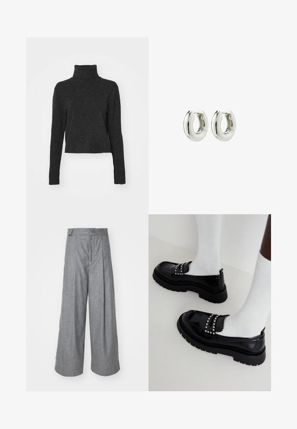 Sort cropped turtlenektrøje i et blødt, struktureret stof med lange ærmer og ribbede detaljer ved kraven og kanten.; Grå vidde bukser lavet af blødt stof, med høj talje, frontfolder og et diskret logo-tag på taljebåndet.; Sorte patenterede sko med en kraftig sål, udstyret med sølvnitter og bølgede detaljer, båret med hvide sokker.; Sølvøreringe med en glat, afrundet design og en blank finish. Har en enkel hængselåbning for nem påføring.