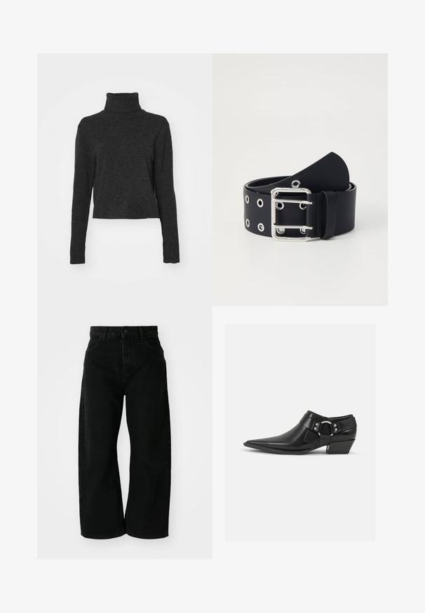 Zwarte, cropped coltrui van een zachte, gestructureerde stof met lange mouwen en ribbelaccenten bij de kraag en de zoom.; Zwarte wijde jeans van denim met een hoge taille. Bevat vijf zakken en een knoopsluiting aan de voorkant. Soepele textuur en strakke lijnen.; Zwarte leren enkellaarzen met een spitse neus, voorzien van een leren band aan de voorkant en een zilveren gesp detail, en een lage, blokhak.; Zwarte leren riem met een zilveren metalen gesp, ronde gaten langs de band en een gladde textuur. De gesp heeft een klassiek pinontwerp.