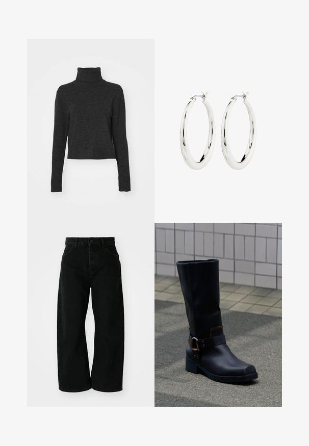 Sort cropped turtlenektrøje i et blødt, struktureret stof med lange ærmer og ribbede detaljer ved kraven og kanten.; Sorte vide benbukser lavet af denim med høj talje. Har fem lommer og en frontlukning med knap. Glat tekstur og rene linjer.; Sort midt på læggen læderstøvle med lav hæl og dekorativ rem med metalspænde, stående på en grå belagt overflade nær en flisevæg.; Sølvøreringe i form af hoops med en glat, blank finish. Cirkulær form, der har en sikker lås. Simpelt og elegant design.