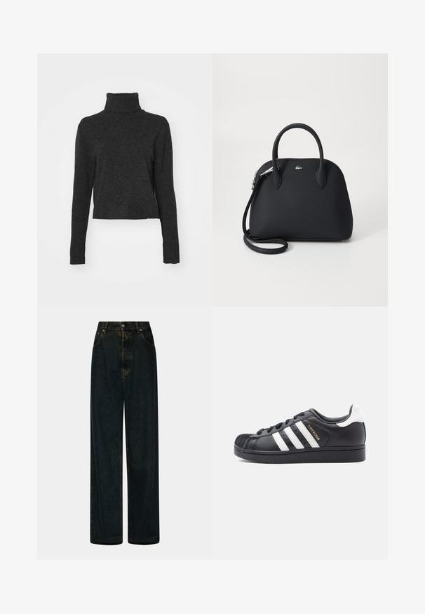 Must have mustahke helmed turtleneck sviiter pehmes, tekstuurses kangas, millel on pikad varrukad ja soonikkoes lisad kaeluses ja ääres.; Kõrge vöökohaga laiad sinised teksad, millel on ees nööp ja tõmblukk, vöökohaga silmused ja eespooltaskud.; Mustast nahast toss valge kolme triibu kujundusega, kummist tallaga ja tekstureeritud varbakattega. Külgedel kuldse logoga.; Must mustre, mille tekstuuriga käekott, millel on kaks ülemist sangat ja eemaldatav õlavarre rihm, ning hõbedane logo aksessuaar.