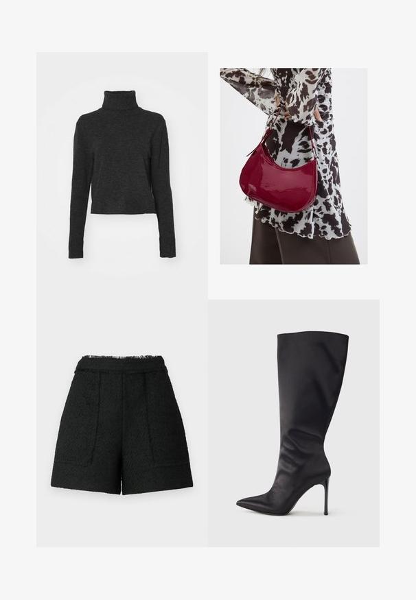 Sort cropped turtlenektrøje i et blødt, struktureret stof med lange ærmer og ribbede detaljer ved kraven og kanten.; Sorte shorts lavet af tekstureret stof med en frynset kant, der har to forlommer og en skræddersyet pasform.; Sort knæhøj stiletstøvle lavet af glat, glansfuldt materiale; spids tå; tætsiddende pasform med let samling nær anklen; skinnende hæl.; Kvinde iført en sort- og hvidmønstret bluse, der holder en blank rød skuldertaske mod en ensfarvet baggrund.