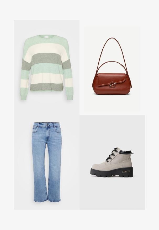 Lys grøn, creme og grå stribet sweater med rund halsudskæring. Fremstillet af blødt materiale, har lange ærmer og en afslappet pasform.; Lysblå vidde jeans lavet af denim, med fem lommer, en frontlynlås og en knaplukning. Subtile syninger langs sømmene.; Lys grå snørelæder støvle med tyk sort sål, polstret sort krave og metalmærke på siden af sålen.; Brun skuldertaske i læder med afrundet rektangulær form, asymmetrisk klap, sølvfarvet rund lukning og to tynde stropper.
