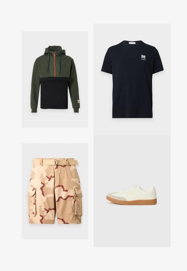 Sweat à capuche en molleton doux, avec une partie supérieure vert foncé et une partie inférieure noire, zippé orange et cordons ajustables.; T-shirt noir à manches courtes et col rond avec un petit caractère japonais blanc et le texte « Traditional Fishing » sur le côté gauche de la poitrine.; Shorts cargo camouflage beige et marron avec grandes poches latérales et ceinture en tissu beige avec boucle en D métallique.; Baskets en cuir blanc avec une coque beige et une semelle en caoutchouc marron clair. Dotées de lacets blancs plats et d'un logo embossé sur le côté.