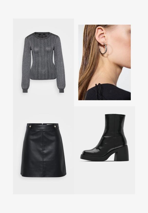Vero Moda Tall VMTALIA O NECK - Πουλόβερ - black/silver-coloured; Μαύρη δερμάτινη φούστα με κομψό σχέδιο, δύο μπροστινές τσέπες με χρυσές λεπτομέρειες και κλείσιμο με φερμουάρ στην πλάτη. Απαλή υφή.; Μαύρες μπότες μέχρι τον αστράγαλο με γυαλιστερό φινίρισμα, τετράγωνη μύτη και χοντρό τακούνι. Ο σχεδιασμός περιλαμβάνει μια χωρίς ραφές σιλουέτα και ελάχιστη επωνυμία.; Ασημένιο σκουλαρίκι κρίκος με γυαλιστερή φινίρισμα, που διαθέτει μικρές χρυσές λεπτομέρειες και στρογγυλό σχήμα, φορεμένο στον λοβό.