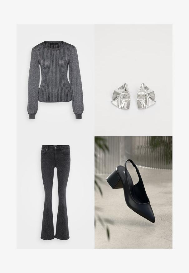Vero Moda Tall VMTALIA O NECK - Jersey de punto - black/silver-coloured; Vaqueros de campana negros hechos de denim, con adornos de tachuelas metálicas por toda la prenda. Cinco bolsillos y cierre de botón en la parte delantera.; Zapato de tacón slingback de cuero negro con punta afilada y tacón cuadrado. Textura suave, diseño minimalista y correa ajustable en el tobillo.; Pendientes de metal plateado con un diseño ondulado y escultórico, que presentan un acabado pulido y formas irregulares, destacando una estética contemporánea.