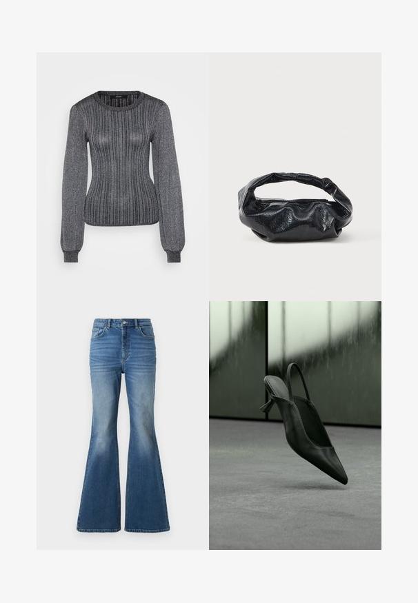 Vero Moda Tall VMTALIA O NECK - Πουλόβερ - black/silver-coloured; Υψηλής μέσης, φαρδιά μπλε τζιν παντελόνια με ξεπλυμένη όψη, που διαθέτουν δύο μπροστινές τσέπες, κλείσιμο με κουμπί και ραφές με ραφές στα κοψίματα.; Μαύρο δερμάτινο γόβα με λουράκι στο πίσω μέρος και μυτερή μύτη που αιωρείται πάνω από γκρι χαλασμένο πάτωμα, θολός πράσινος τοίχος στο φόντο.; Μαύρη τσάντα φτιαγμένη από γυαλιστερό, υφασμάτινο υλικό με κυκλική, στροβιλισμένη λαβή και κλείσιμο με φερμουάρ. Διαθέτει ένα μαλακό, ζαρωμένο σχέδιο.