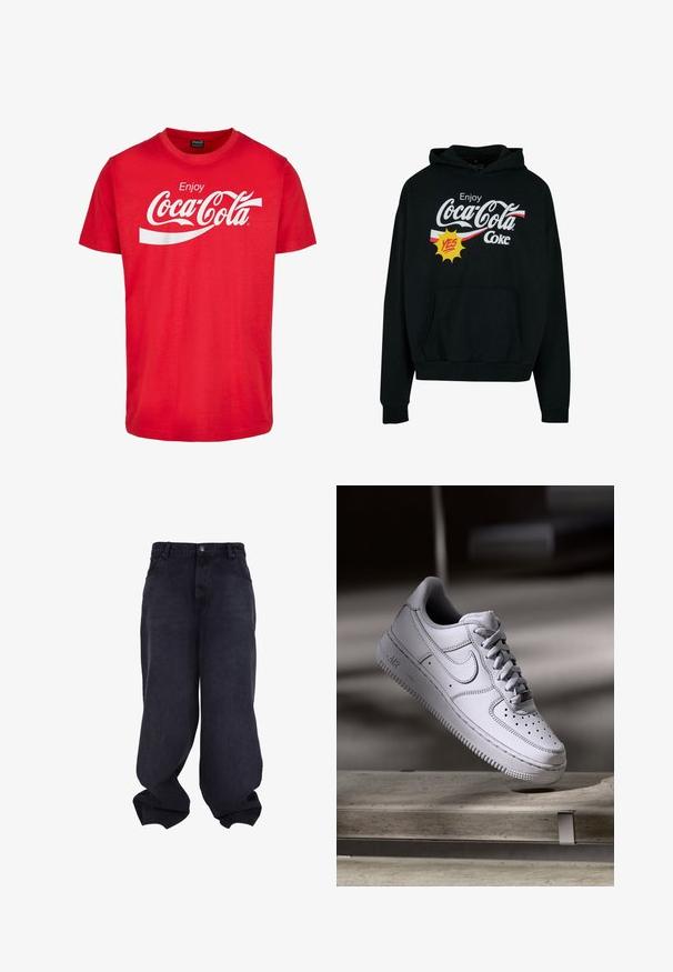 Zwarte capuchontrui van katoen, met een voorzak en een opvallende Coca-Cola graphic met rode en gele accenten.; Rode katoenen T-shirt met korte mouwen, voorzien van een witte "Coca-Cola"-logo en een golvend ontwerp op de borst. Klassieke ronde halsstijl.; Zwarte oversized baggy jeans met knoop- en ritssluiting aan de voorkant, voorzakken en losse, brede pijpen.; Witte Nike Air Force 1 sneaker van leer met geperforeerde neus, platte veters en een gestructureerde rubberen zool met "AIR"-logo aan de zijkant.