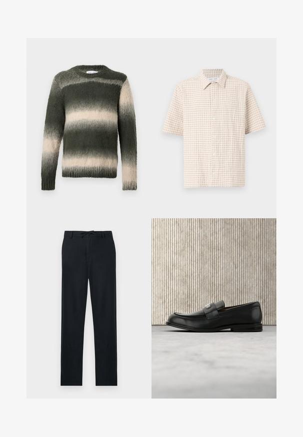 Suéter a rayas verde y crema con un acabado texturizado y suave. Presenta un cuello redondo y mangas largas; el patrón ombré transiciona de oscuro a claro.; Camisa de manga corta en un tono beige claro, con un patrón de cuadrícula en marrón suave, diseño de botones en la parte delantera y un cuello clásico. Textura de tela suave.; Pantalones negros de material ligero, con corte recto, cintura ajustable con cordón y dos bolsillos laterales.; Mocasín de cuero negro con una placa metálica de marca apoyado cerca de una mesa redonda marrón sobre un suelo alfombrado beige.
