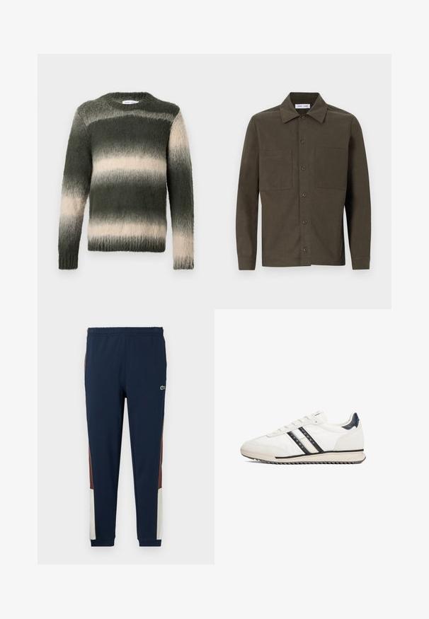 Gestreifter Pullover in Grün und Creme mit einer strukturierten, flauschigen Oberfläche. Verfügt über einen Rundhalsausschnitt und lange Ärmel; das Ombre-Muster verläuft von dunkel nach hell.; Dunkelgrünes, langärmeliges Hemd aus glattem Stoff, mit einem spitzen Kragen, Frontknöpfen und zwei Brusttaschen.; Navy Jogginghose aus weichem Stoff, mit braunen und cremefarbenen Seitenpaneelen, elastischem Bund und kleinem Logo auf der Vorderseite.; Weißer Sportschuh mit schwarzen und cremefarbenen Streifen, Obermaterial aus glattem Leder, Gummisohle und strukturiertem Fersenakzent. Schnürsenkel und Logo an der Seite.