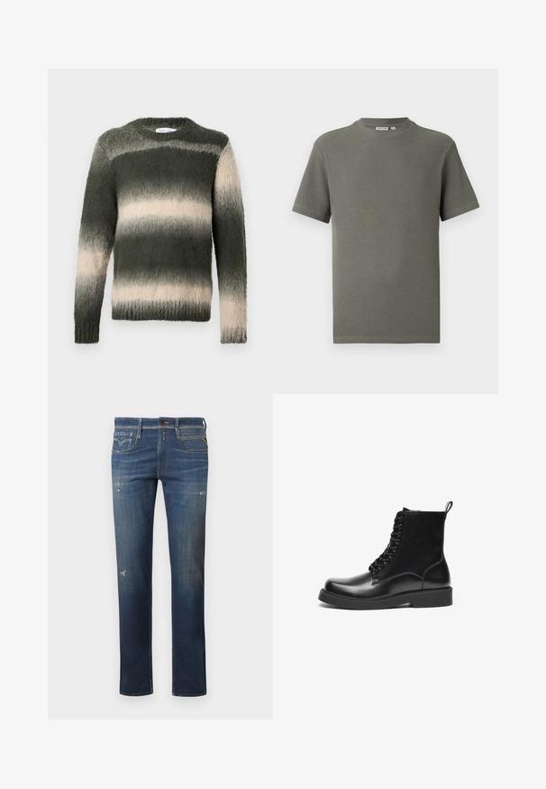 Grøn og creme stribet sweater med en struktureret, fuzzy finish. Har en rund hals og lange ærmer; ombre-mønsteret skifter fra mørk til lys.; Kortærmet olivengrøn T-shirt i struktureret strik med rund hals og lige kant, liggende fladt på en hvid baggrund.; Mørkeblå denim jeans med lige ben, med slidte områder, subtile falmninger og traditionelt fem-lommes design med knaplukning.; Sorte læderankelstøvler med en glat overflade, rektangulært tådesign, snørebånd og flad gummisål. Inkluderer en bageste hætte.