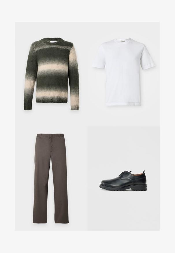 Suéter a rayas verde y crema con un acabado texturizado y suave. Presenta un cuello redondo y mangas largas; el patrón ombré transiciona de oscuro a claro.; Camiseta de algodón blanca con mangas cortas, escote redondo y una textura suave. No se observan patrones ni detalles.; Pantalones de algodón marrón con diseño de pierna recta, con trabillas para cinturón y textura suave. Sin patrones visibles ni detalles de herrajes.; Zapatos derby de cuero negro con una textura suave, punta redondeada, diseño de cordones y una suela de goma gruesa y resistente.