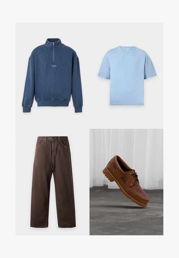 Pull bleu foncé à manches longues avec col à demi-fermeture éclair et petit logo Hollister au centre devant.; T-shirt bleu clair à manches courtes et col rond, coupe ample, présenté sur un fond blanc uni.; Pantalons larges marron en coton, avec un design classique à cinq poches, une fermeture éclair et des détails de couture visibles.; Chaussure de bateau en cuir marron avec des lacets noirs, des coutures beiges et une semelle robuste, suspendue au-dessus d'un sol en béton gris.