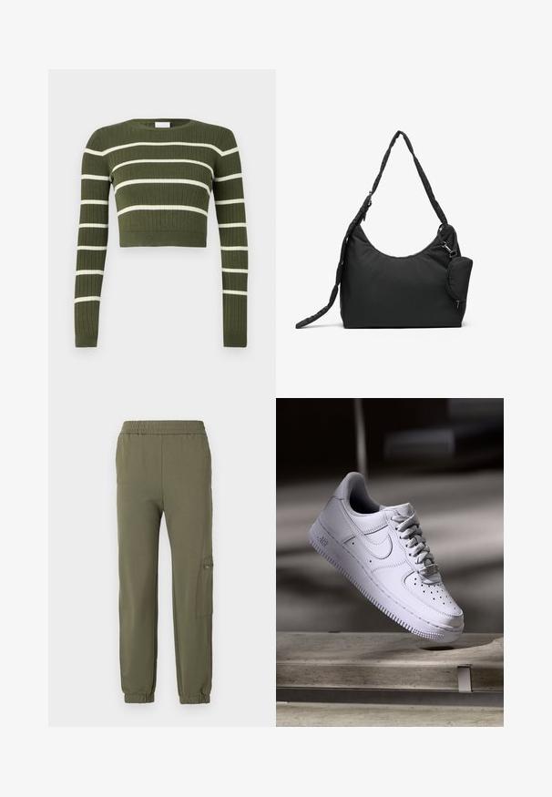 Olivengrøn ribbet cropped sweater med hvide horisontale striber, rund halsudskæring og lange ærmer. Tekstureret stof med tætsiddende design.; Oliven grønne joggerbukser med elastisk talje, indsnævret nederdel og en sidelomme med lynlåsdetalje. Blødt, strækbart stof.; Hvid Nike Air Force 1 sneaker svævende over en betonoverflade med skygger i et minimalistisk miljø.; Sort nylon skuldertaske med en buet form, tekstureret rem og en lille, aftagelig lynlåspose fastgjort til siden.