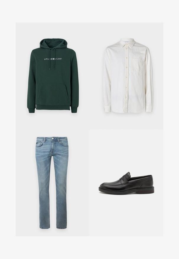 Grüne Kapuzenjacke aus Baumwollmischung mit einer Kängurutasche und weißem japanischem Text über der Brust.; Langärmliges, weißes Hemd aus strukturiertem Stoff mit Button-Down-Kragen, Brusttasche und Knopfverschlüssen entlang der Knopfleiste und der Manschetten.; Helle blaue Jeans mit einem geraden Bein-Design, hergestellt aus Denim. Merkmale umfassen Standardtaschen, Gürtelschlaufen und dezente Verblassung.; Schwarze Lederloafers mit genähter Zehenpartie, zwei horizontalen Riemen über dem Blatt und einem Holzabsatz. Glatte Textur und abgerundete Form.