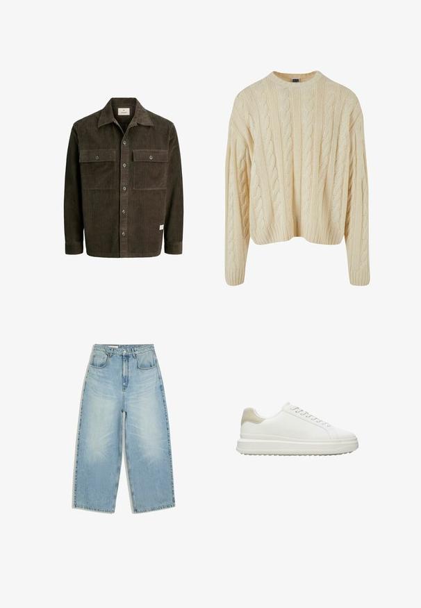 Cremefarvet strikket sweater med et kabelmønster, rund hals og ribbede manchetter og kant. Fremstillet af blødt, struktureret stof.; Brun kordfløjljakke med vertikal ribstruktur, knaplukning foran, to brystlommer og klassisk krave, med et diskret mærke ved kanten.; Lyseblå højttaljede denimjeans med vide ben, forlommer, bæltestropper samt knap- og lynlås lukning.; Hvide sneakers lavet af glat læder med en tekstureret beige hælaccent, med runde snørebånd, et lavt profil design og en gummiydersål.