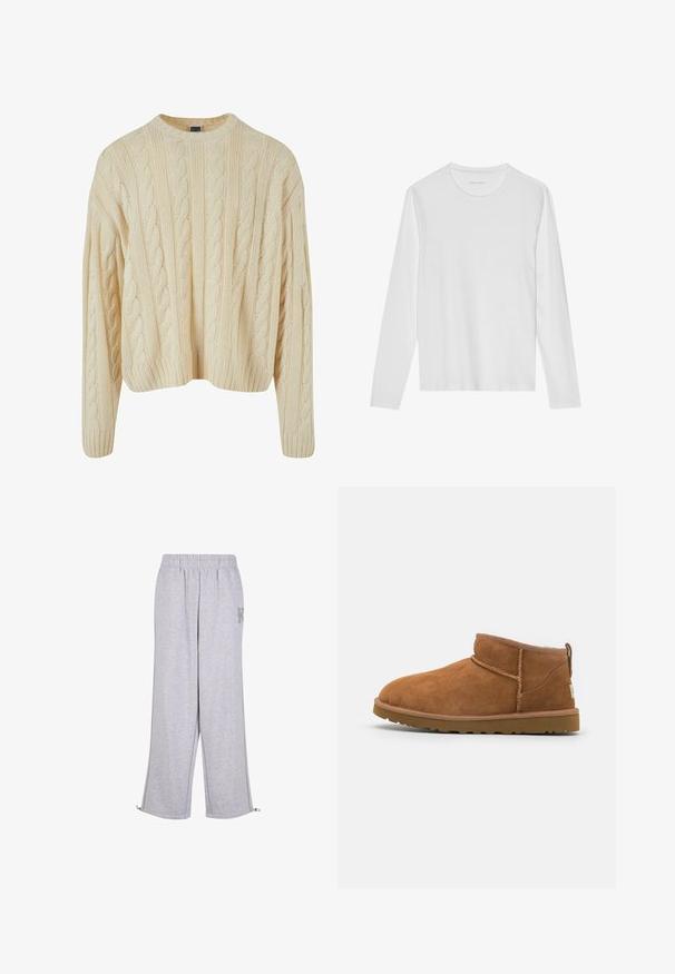 Pull en tricot couleur crème avec un motif en torsade, col rond, et poignets et ourlet côtelés. Fabriqué en tissu doux et texturé.; T-shirt blanc à manches longues en coton doux, avec un col rond et une texture lisse sans motifs ni accents visibles.; Karl Kani Pantalon de survêtement - grey; Bottine en suède beige avec un bout rond, des détails de couture subtils et une semelle en caoutchouc texturée. Hauteur courte sans lacets.
